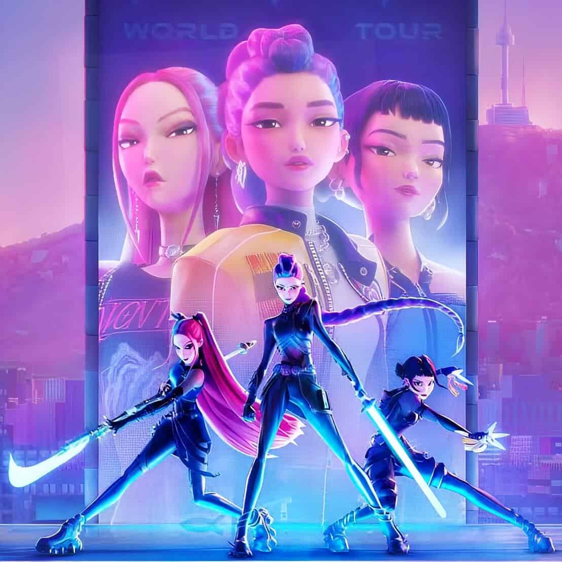 Fotorealistisk reklame for en animationsfilm med futuristiske kvinder, neon farver og sci-fi elementer.