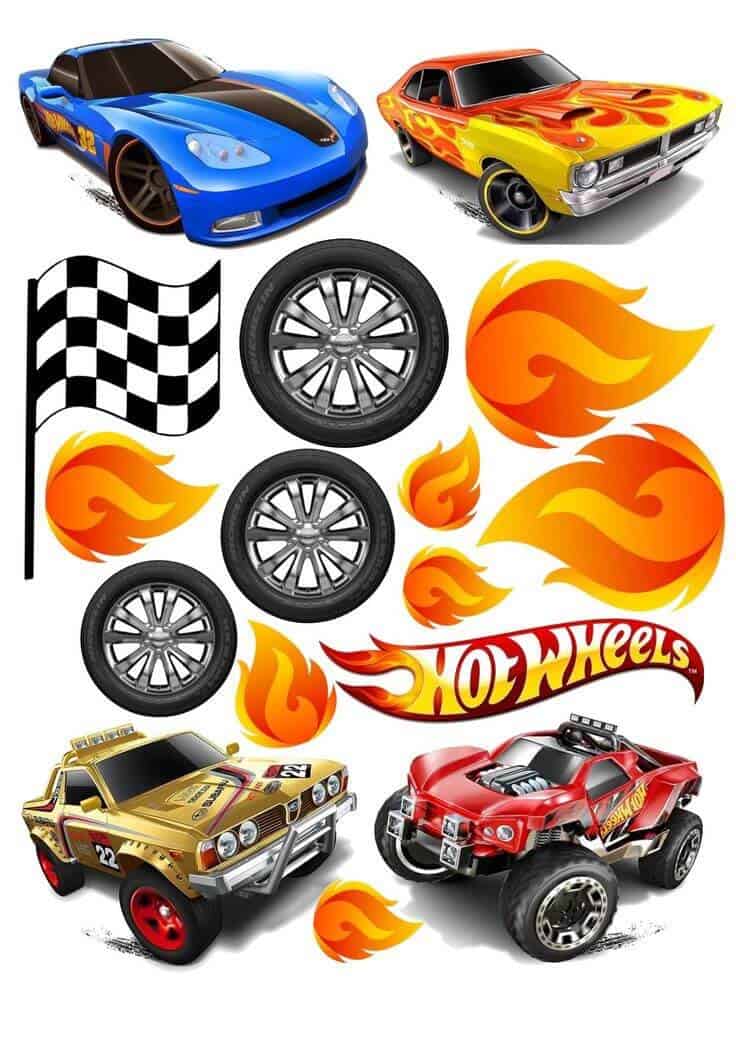 Bilmønster med racerbiler, hjul, flammer og Hot Wheels logo til bildekonstruktion og dekoration.