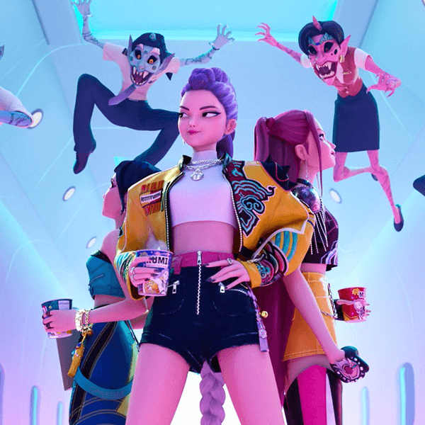 Foliefigur af teenagepige med friends i farverig og futuristisk setting, popkulturel stil og moderne tøj.