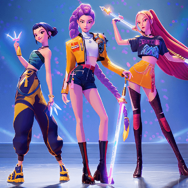 Farverige animationsfigurer med magiske stave og futuristict look.