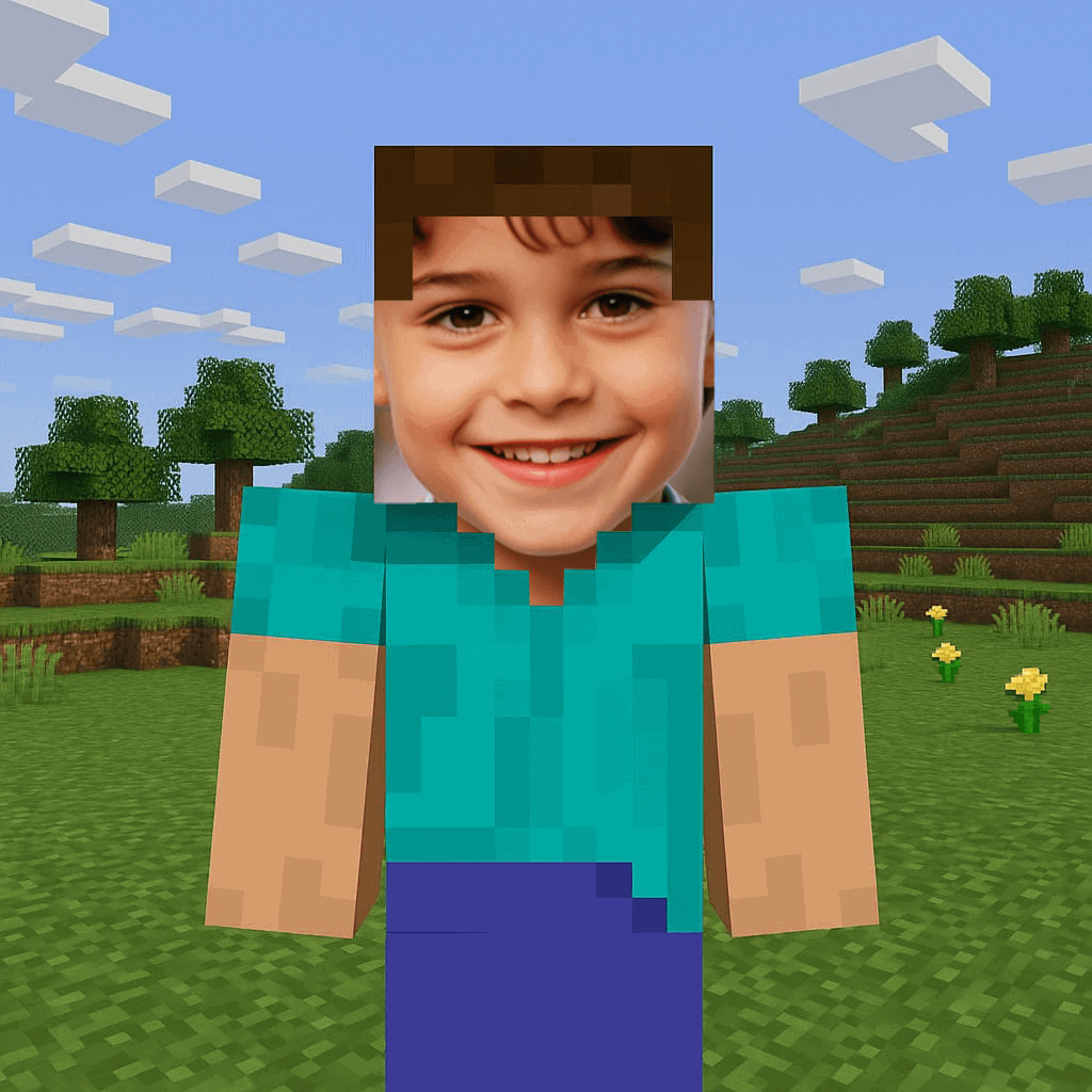 Minecraft børnefigur med personligt fotoansigt i spilverdenen, merchandise og printmuligheder for børn.