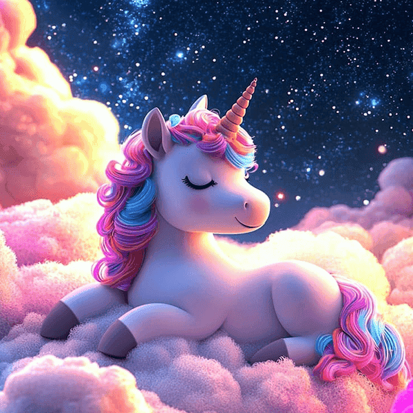 En sød enhjørning i pastelfarver hvilende på skyer under stjernehimmel.