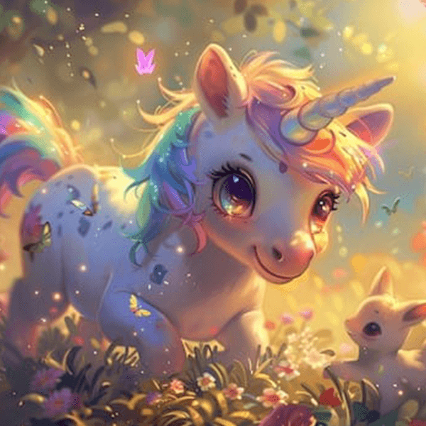 Fantasiful unicorn og kanin med glitrende effekt, vellavet eventyrscene med magiske detaljer og blødt belysning.