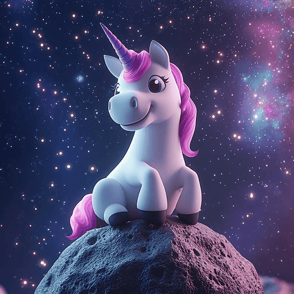 Farverig enhjørning cake topper på måne med stjernehimmel baggrund, børne fødselsdag dekoration.