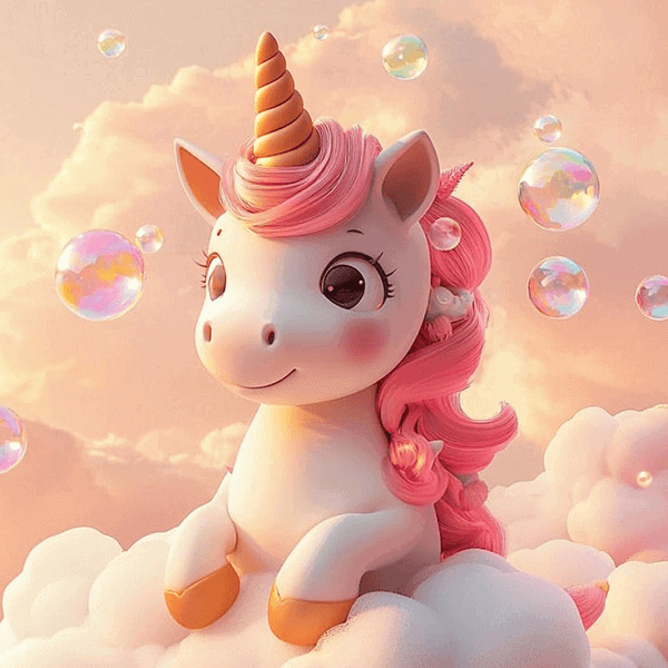 Unicorn med rosa manke og horn på skyer med sæbebobler i baggrunden.