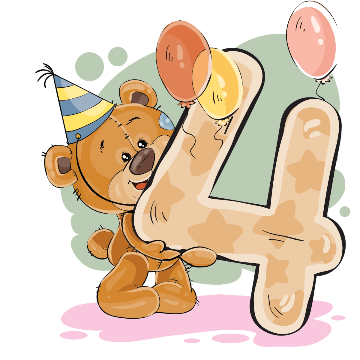 Børnevenlig fødselsdagskage med tallet 4 dekoreret med orange-pudders legetøjskage og balloner.