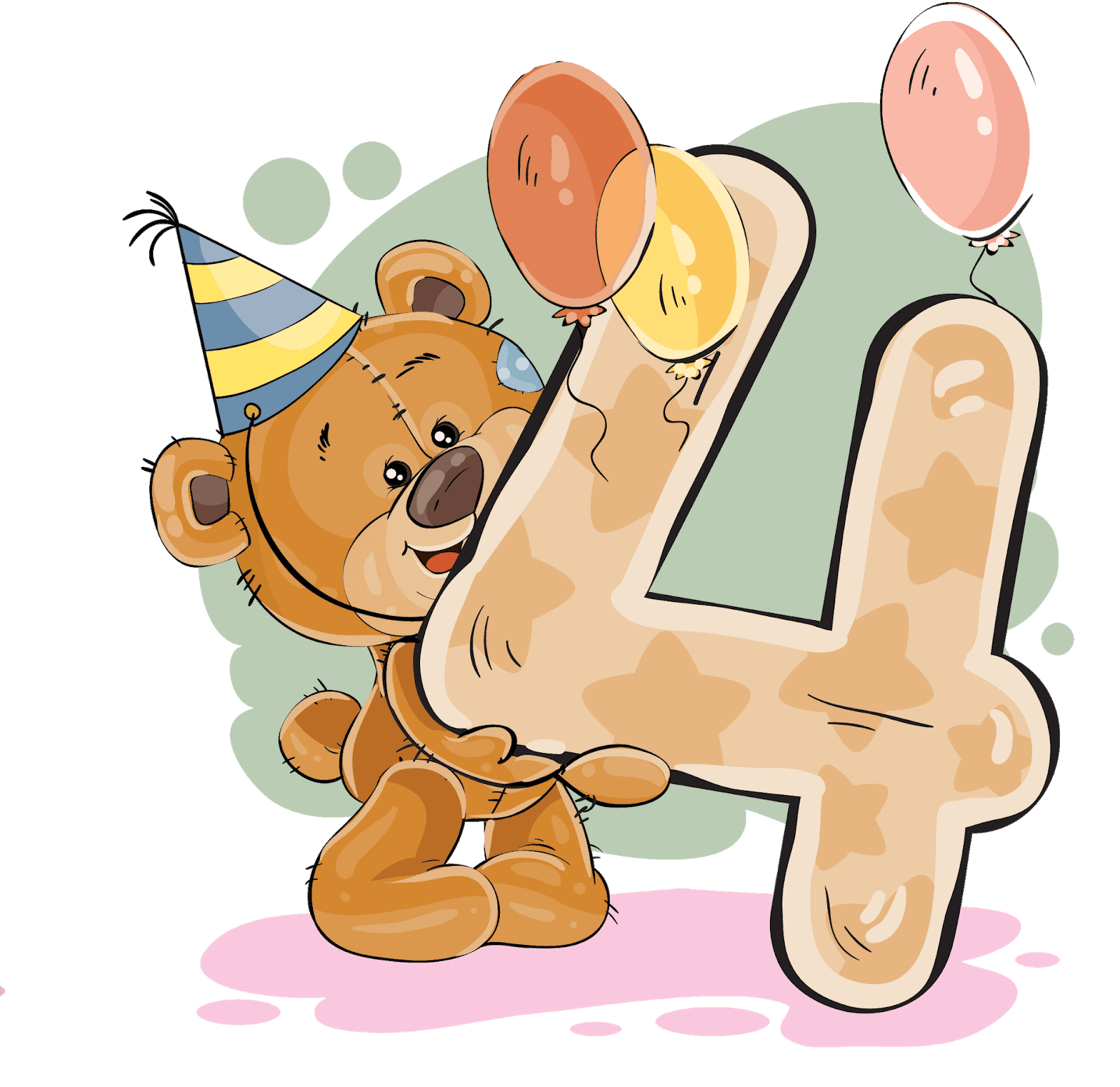 Børnevenlig fødselsdagskage med tallet 4 dekoreret med orange-pudders legetøjskage og balloner.